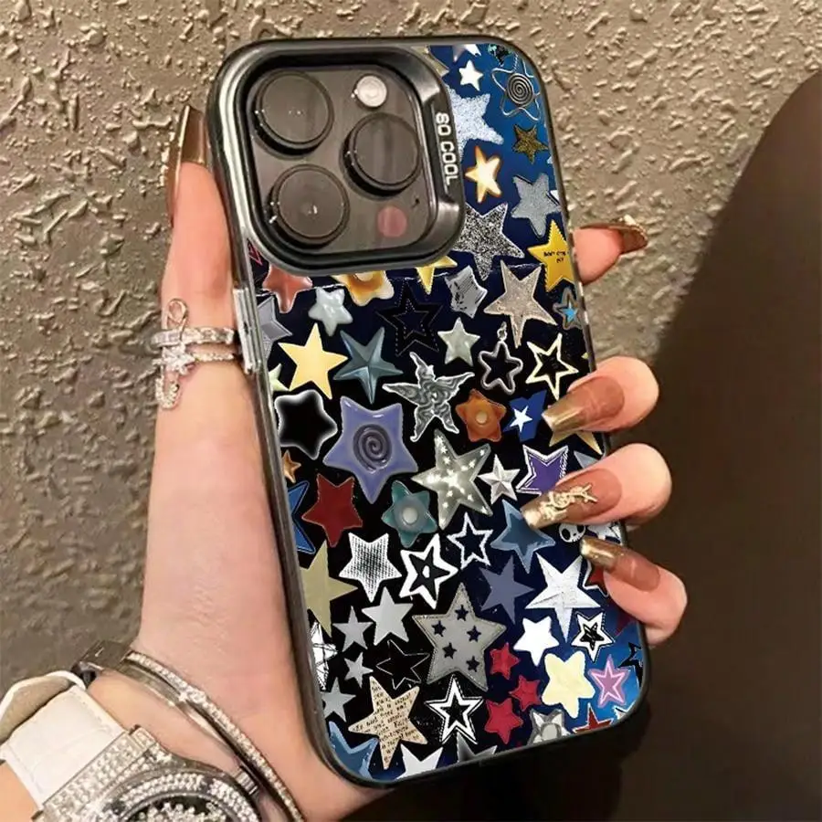 Star Pattern Matte Phone Case, Anti-drop Decorative Phone Protector Cover Compatible with IPhone 16 Pro Max 15 Pro 14Plus 13 12