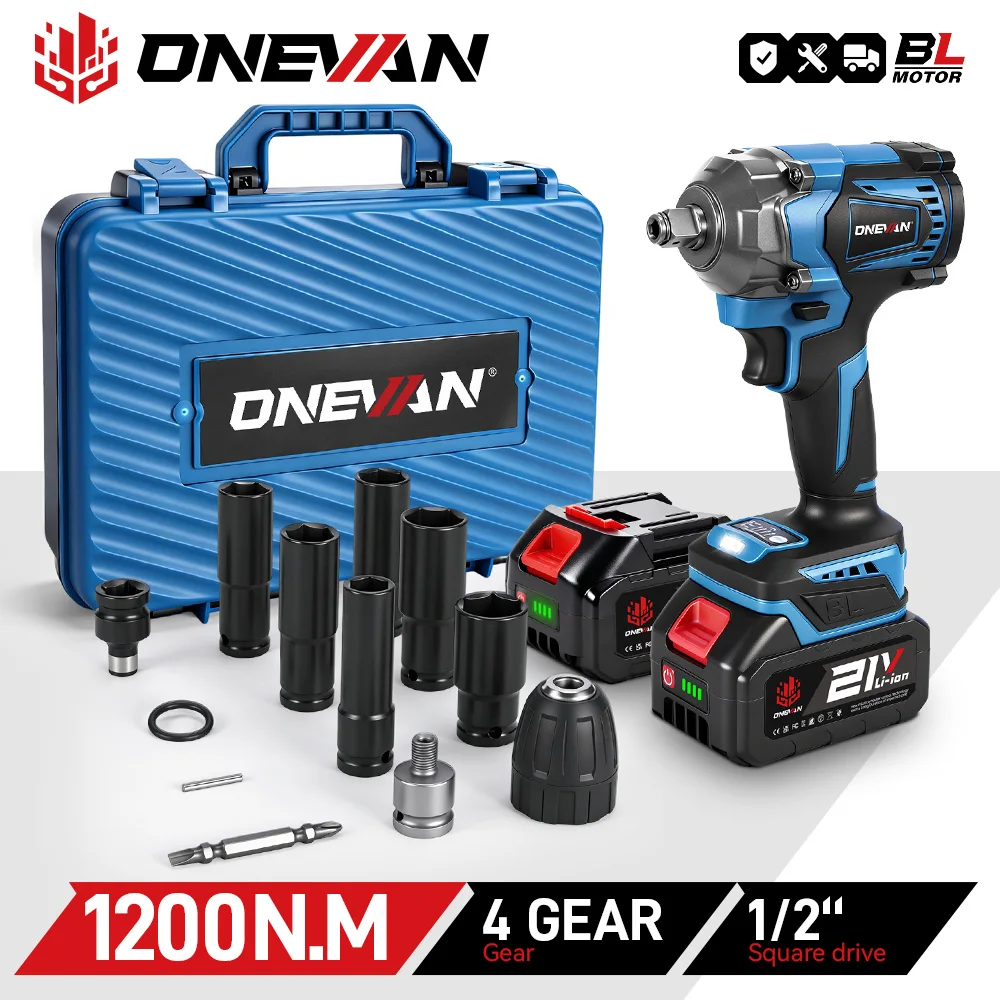 ONEVAN 1200N.m 브러시리스 전기 임팩트 렌치 1/2인치 무선 전기 스크루드라이버 드릴 공구 (마키타 18V 배터리 핀용)