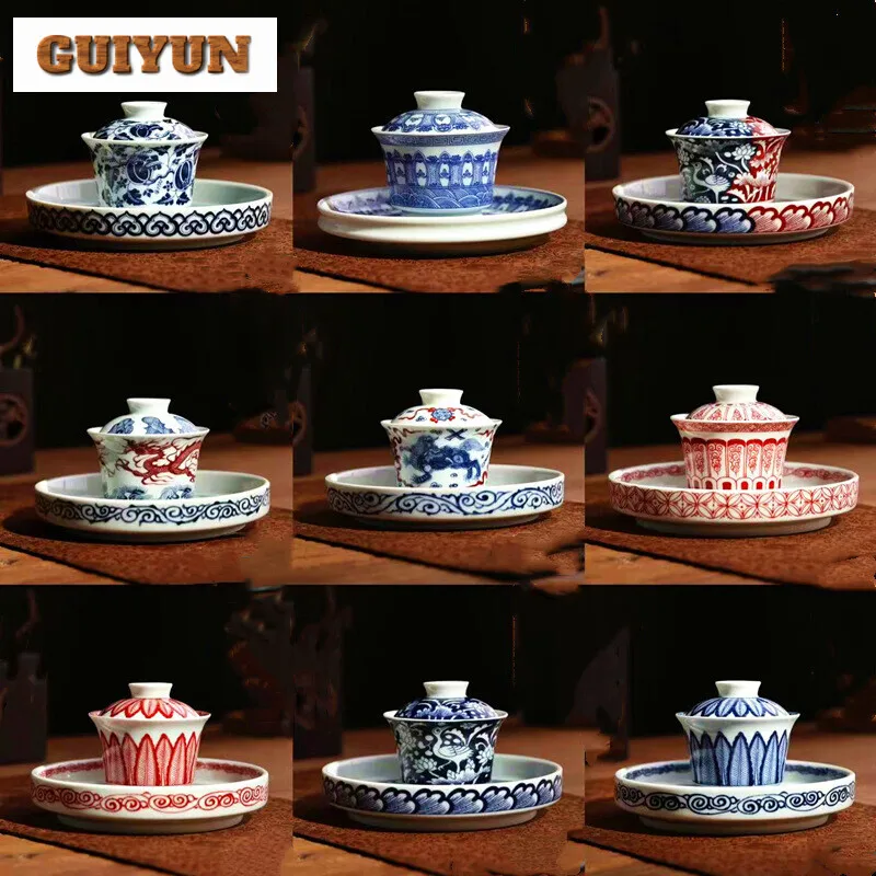 110ml Jingdezhen Blue and White Porcelain Egret Lotus Gaiwan Antique Tea Tureen Household Tea Making Cover Bowl Drinkware Craft