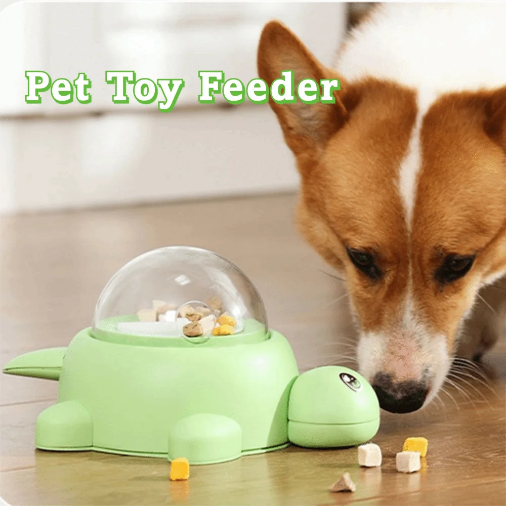 Green Turtle-Shaped Pet Toy Feeder Foot-Press Rotating Transparent Window Interactive Pet Toy 15/20/25mm Hole with 3 Lids