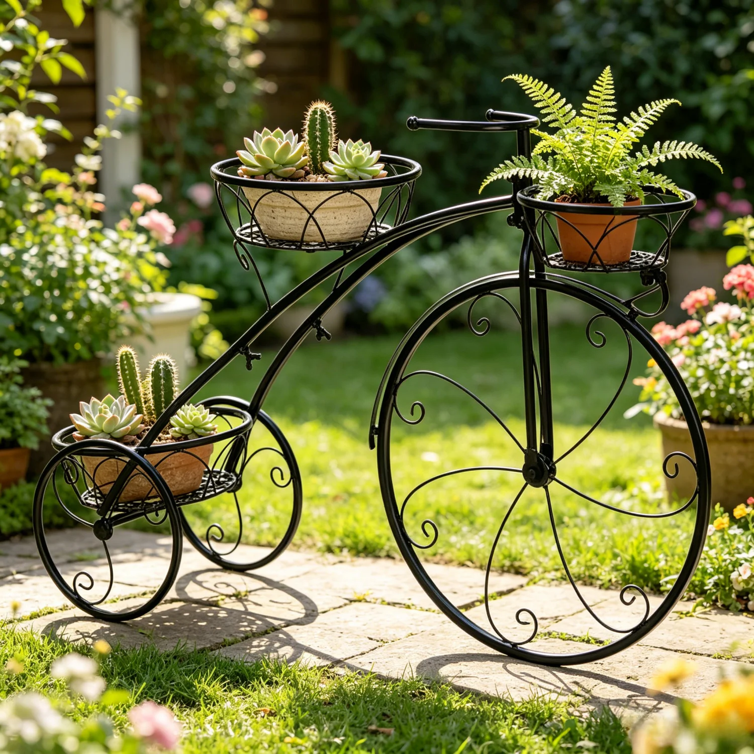 3-Tier Bicycle Plant Stand Wrought Iron Tricycle Planter Home Garden Patio Decor Flower Pots Shelf Indoor Outdoor