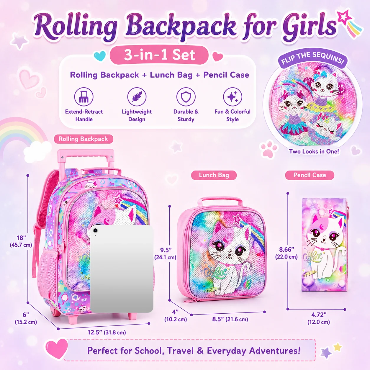 4PCS Kids Rolling Backpack for Girls, Cute Cat Sequin Wheeled Bookbag, Pink Roller School Bag with Wheels for Elementary