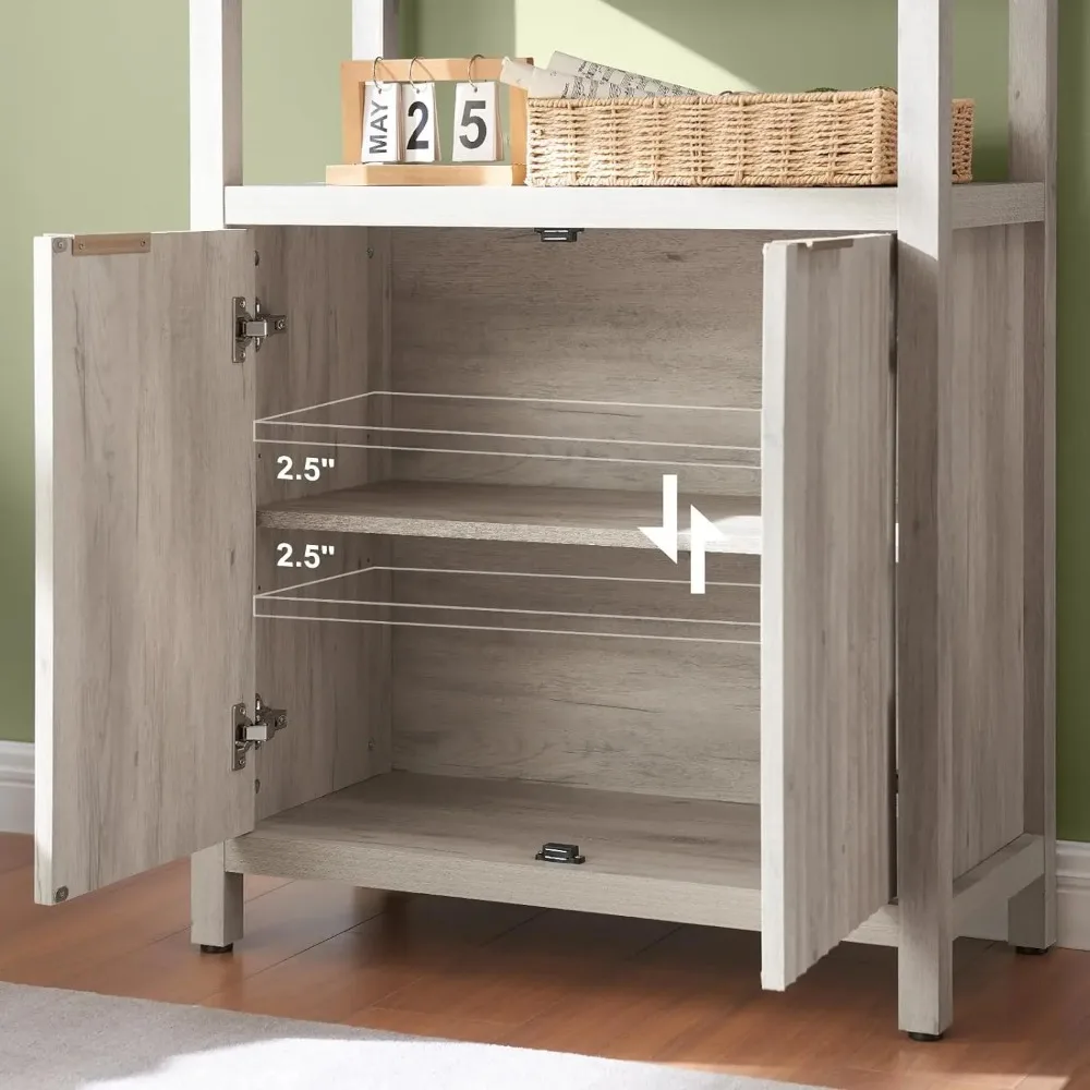 Oxford bookcase, high bookcase with door cabinet, 5-tier bookcase, large wooden bookcase with fluted panel, grey oak 4