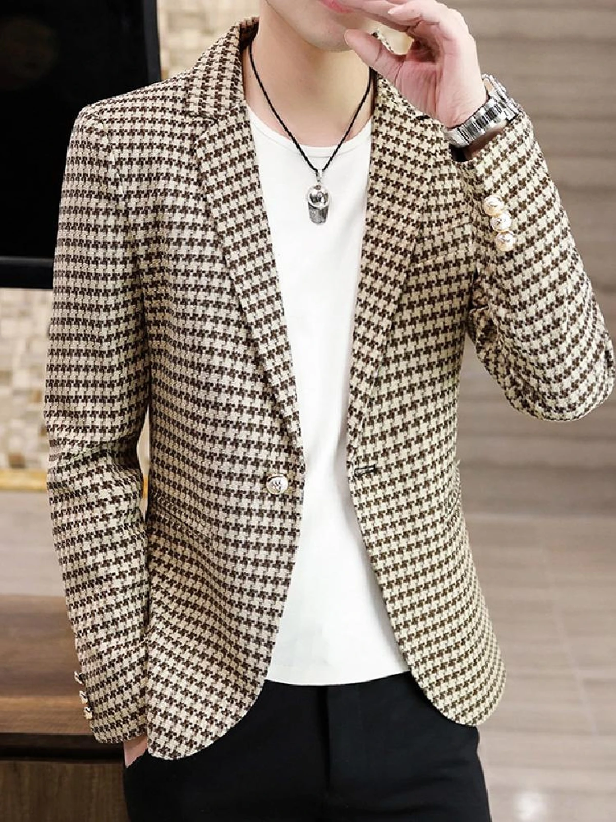 

Spring and autumn new handsome slim single coat men’s casual small suit houndstooth plaid suit jacket DY5785