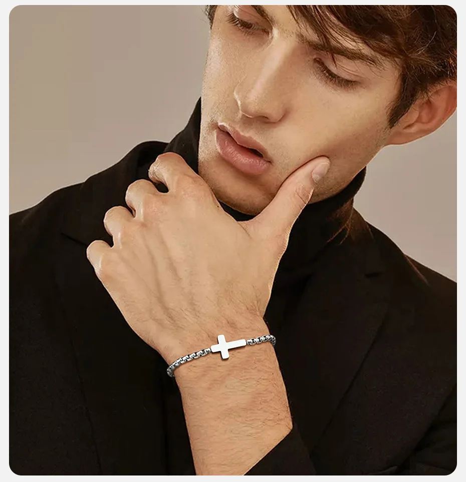 Kreuz ketten Link Armbänder für Männer Jungen, verstellbare Edelstahl Kugel kette Armband, stilvolle Schmuck Geschenk für Papa Ehemann – Detail 3