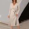 Women Wrap V Neck Sweater Dress Solid Color Long Sleeve Pleated Midi Dresses With Belt Autumn Ladies Pleated Dresses For Work 3