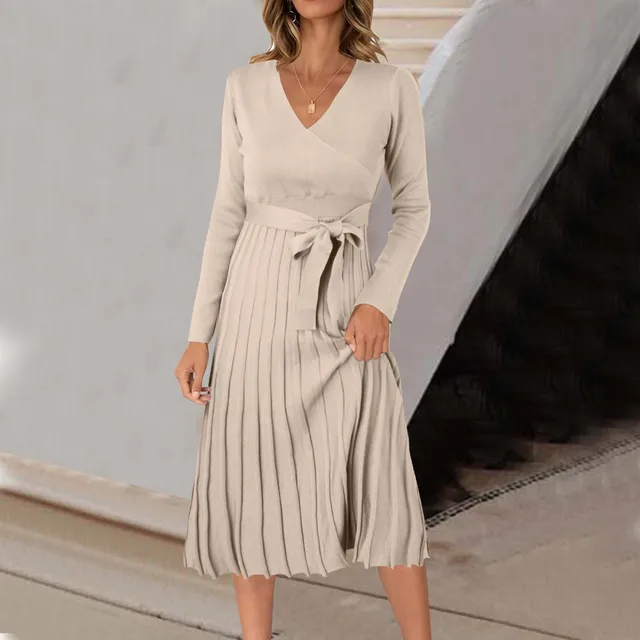 Women Wrap V Neck Sweater Dress Solid Color Long Sleeve Pleated Midi Dresses With Belt Autumn Ladies Pleated Dresses For Work 3