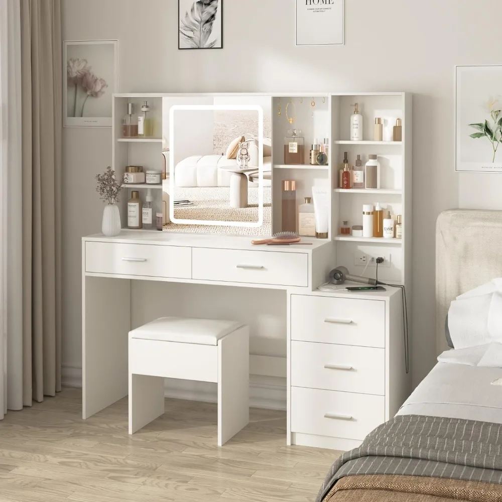 

Dressers Vanity Desk with Mirror and Lights, White Vanity Table with, Makeup Vanity Desk with Charging Station, Dressers