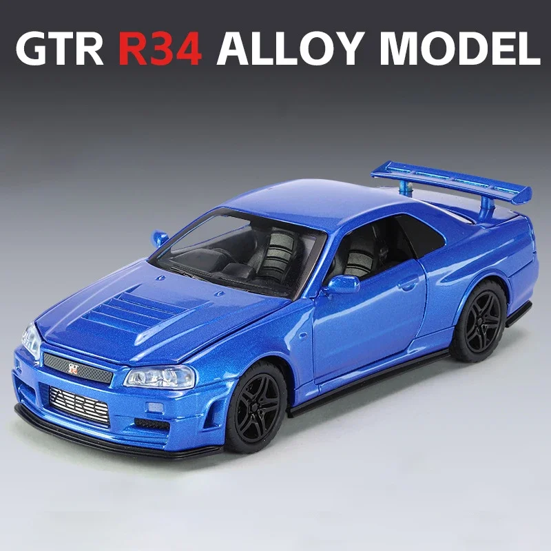 1:32 닛산 GTR R34 스카이 라인 패스트 앤 퓨리어스 합금 자동차 모델, 사운드 및 라이트 풀 백 어린이 장난감, 수집품 생일 선물