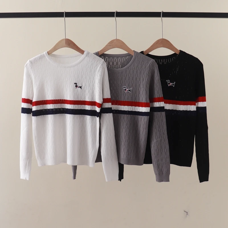 

Thin TB striped contrasting chest small dog embroidery round neck pullover sweater versatile top