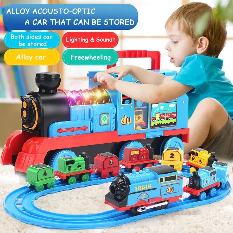 Extra Large Electric Train Railway Racing Track Storage Box Toy with Alloy Cars DIY Rail Kits Assembled Model Gift for Kids