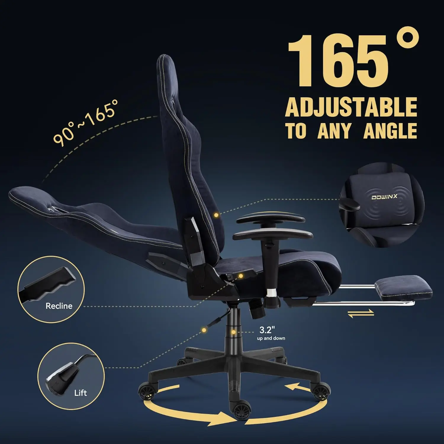 Dowinx Gaming Chair with Massage Lumbar Support, Suede Fabric Ergonomic Computer Chair with Footrest for Adults 6