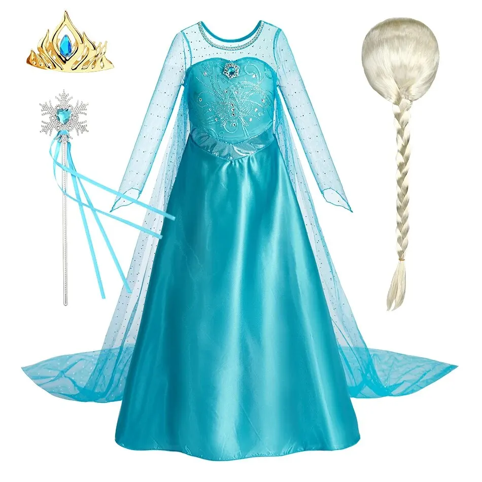 Robe d'halloween Elsa pour filles, Costume de princesse de fête pour enfants, déguisement avec longue cape, vêtements de carnaval reine des neiges