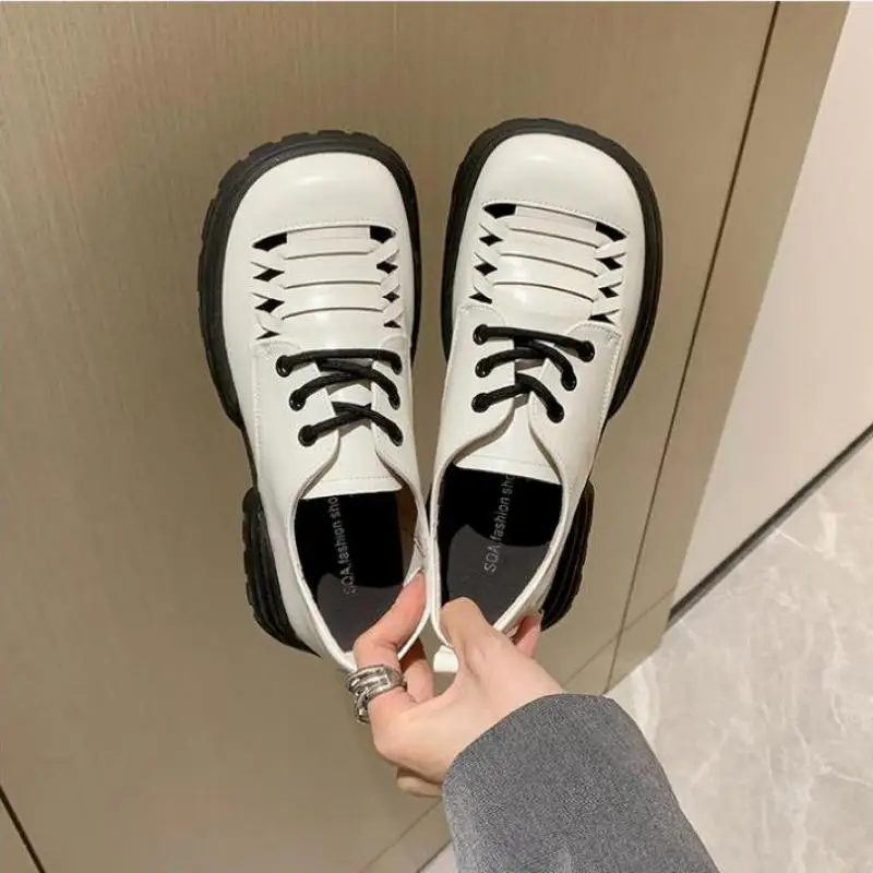 

35-40 Womens Cowhide Leather Shoes Female Spring/autumn Flat Bottom Lace-up Solid Leisure Soft Leather Ladies Footwear Hy52