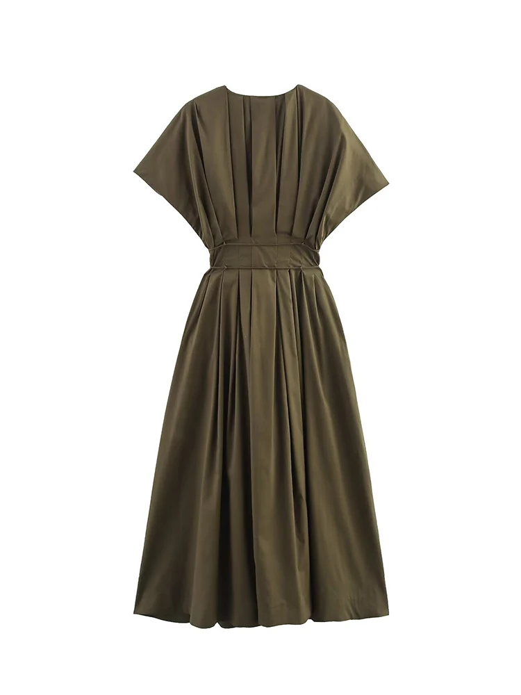 TFMLN 2025 New Women Pleated V Neck Midi Dress Elegant Short Raglan Sleeves Lace Up Slimming Dress Women Fashion Button Outfit