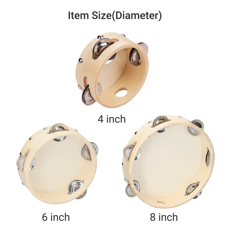4/6/8 Inch Hand Tambourine with Metal Single Row Jingles Sheepskin Drum Wooden Tambourines Musical Timbrel for Dancine Party hand tambourine