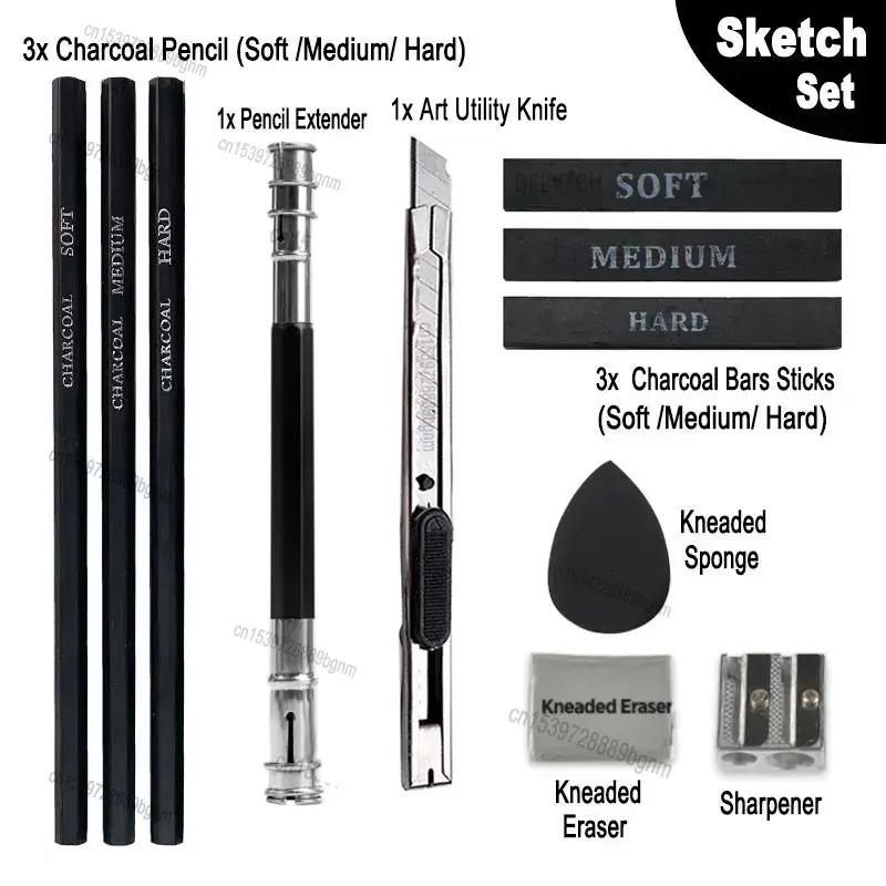 

11Pcs Art Set Sketch Charcoal Graphite Pencil Soft Medium Hard Bar Stick Sharpener Kneaded Eraser Sponge Blender Drawing Tool