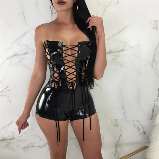 Sexy PU Leather Lace-up Bandage Romper Shorts Playsuit Women Party Night Club Outfits Strapless Skinny Bodycon Jumpsuit Bodysuit