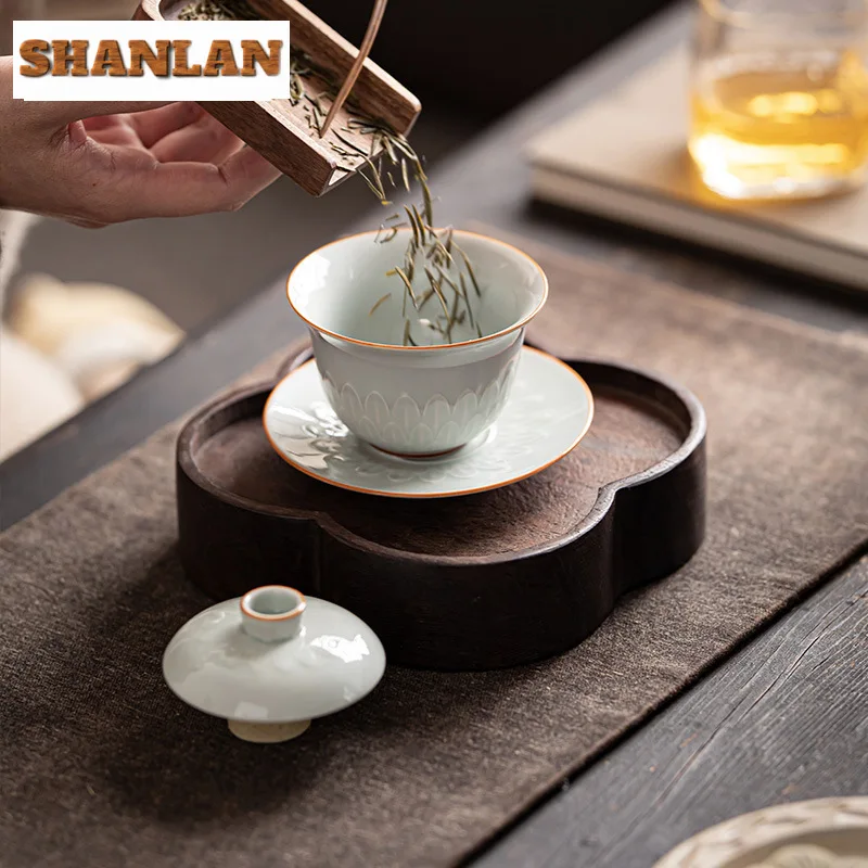 115ml Handmade Relief Lotus Petal Gaiwan Zen Anti Scald Three Talent Tea Tureen Tea Brewing Cover Bowl Ceremony Collection
