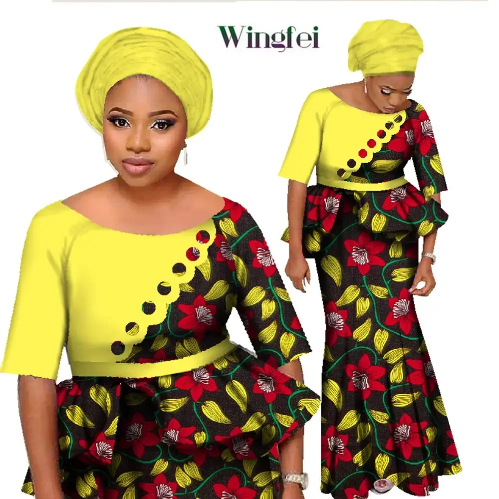 African Clothes for Women 3 Pieces Set Lady Crop Tops and Long Skirt with African Headwrap Dashiki Clothing WY1252