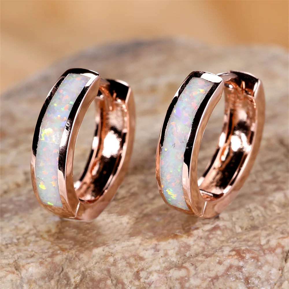 White Blue Opal Classic Small Round Circle Hoop Earrings For Women Vintage Rose Gold Silver Color Wedding Engagement Jewelry