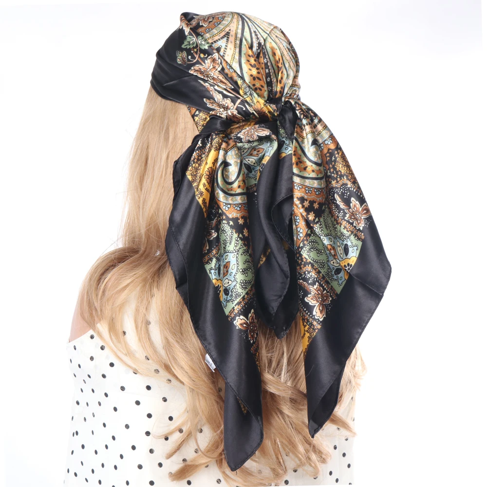 Lot De 4 Foulards Carrés En Satin De Soie – Grand Bandana Pour Cheveux De 89,9 Cm, Bleu/noir/beige/camel, Taille Unique