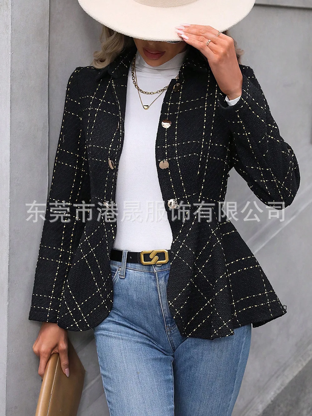 Description Picture 3 of itemFashion Lapel Jacquard Ruffled Long Sleeve Women's Coat New Autumn Winter Slim Double Breasted Elegant Female Office Suit Jacket