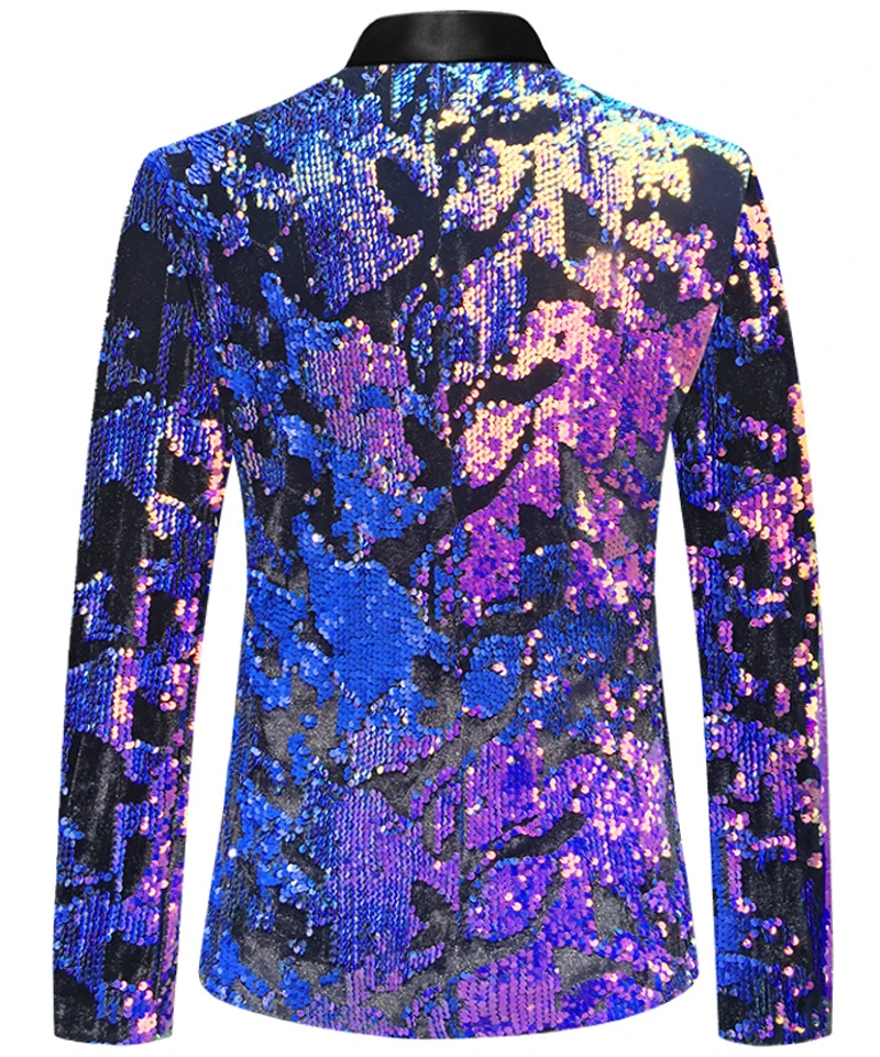Shiny Purple Sequins Velvet Suit Jacket Men One Button Slim Fit Dress Blazers Mens Wedding Groom Party Stage Prom Blazer Homme 3