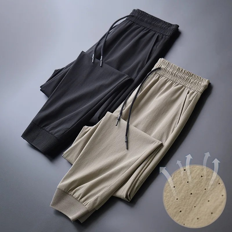 Men's Summer Slim Fit Ice Silk Casual Sports Pants 9-Minute Trousers Trendy Brand Sweatpants