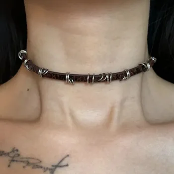 Y2K Fashion Gothic Leather Chain Choker Necklace for Women Men Trendy Vintage Goth Halloween Collar Jewelry Accessories Gifts 1