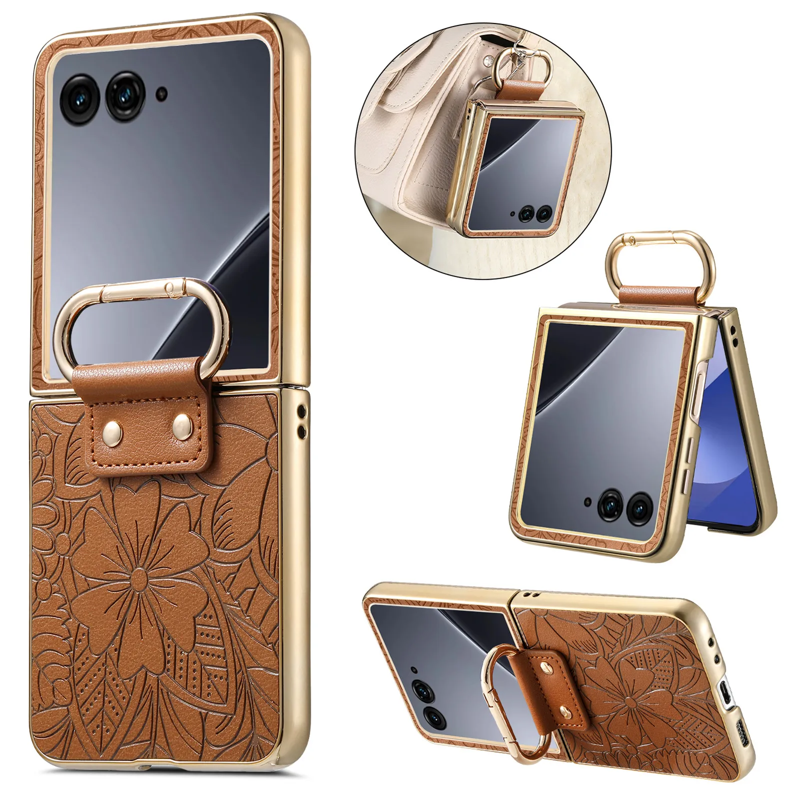 Elegant Embossed Flower Leather Case with Ring Holder - Comfortable Grip and Shockproof Slim Cover