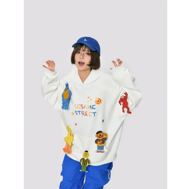 Cartoon Sesames Streets Doll Pullover Korean Fashion Hoodied Shirt High Street Sweatshirt Vintage Oversized Streetwear Outerwear