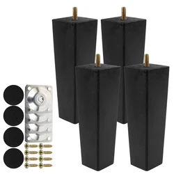 Set of 4 Solid Wood Square Furniture Legs - Elegant Replacement Feet for Beds, Sofas, Tables, and Cabinets (Black Height 15cm)