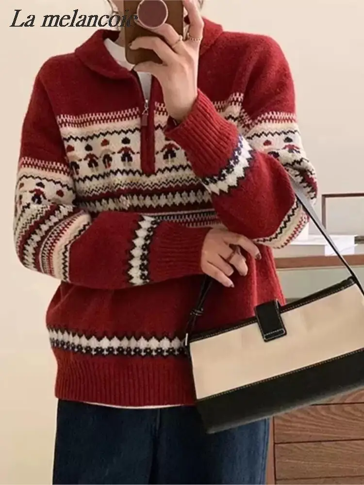 

Ugly Christmas Sweater Women Vintage Loose Knitted Pullover Autumn Winter 2023 New Casual Turn-down Collar Long Sleeve Jumper