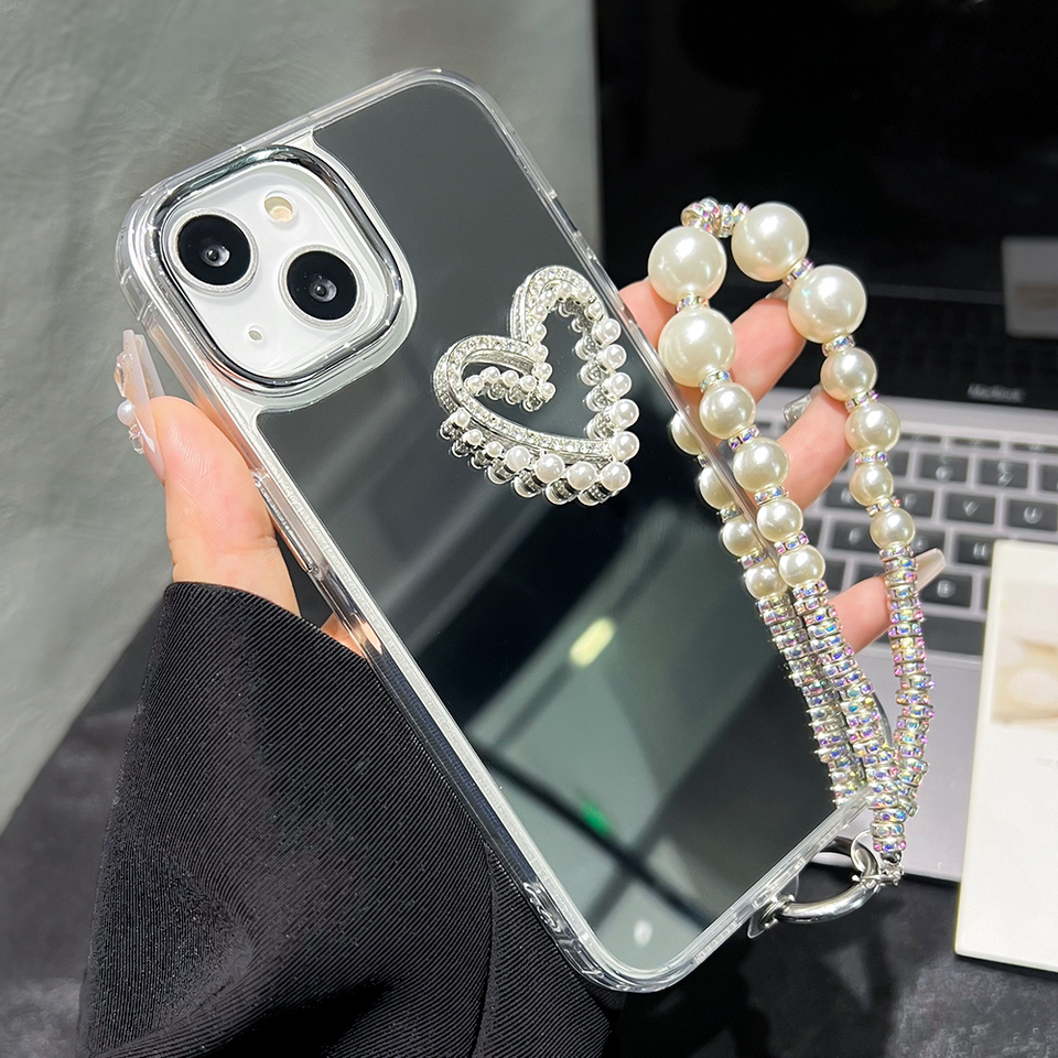 Make Up Mirror Love Heart Phone Case For iPhone 13 Funda iPhone 11 16 17 Pro Max Air 15 14 12 XR XS 16promax Cover With Lanyard