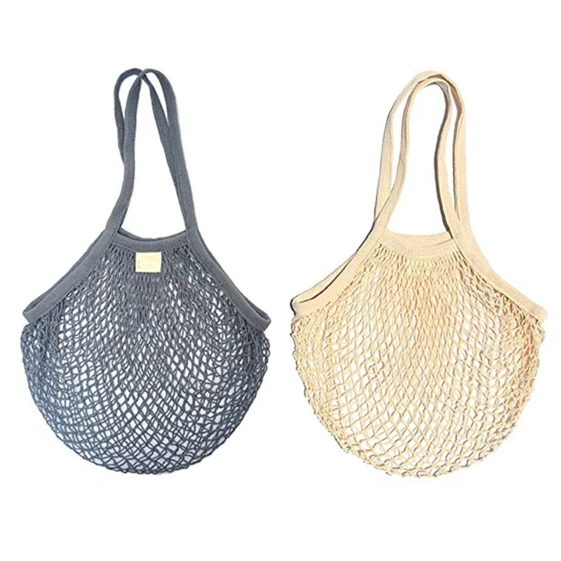 

2Pcs Reusable Shopping Bag Cotton Mesh Tote Can Be Washed Foldable Zero Waste Farmer's Market Fruit And Vegetable Bag With Long