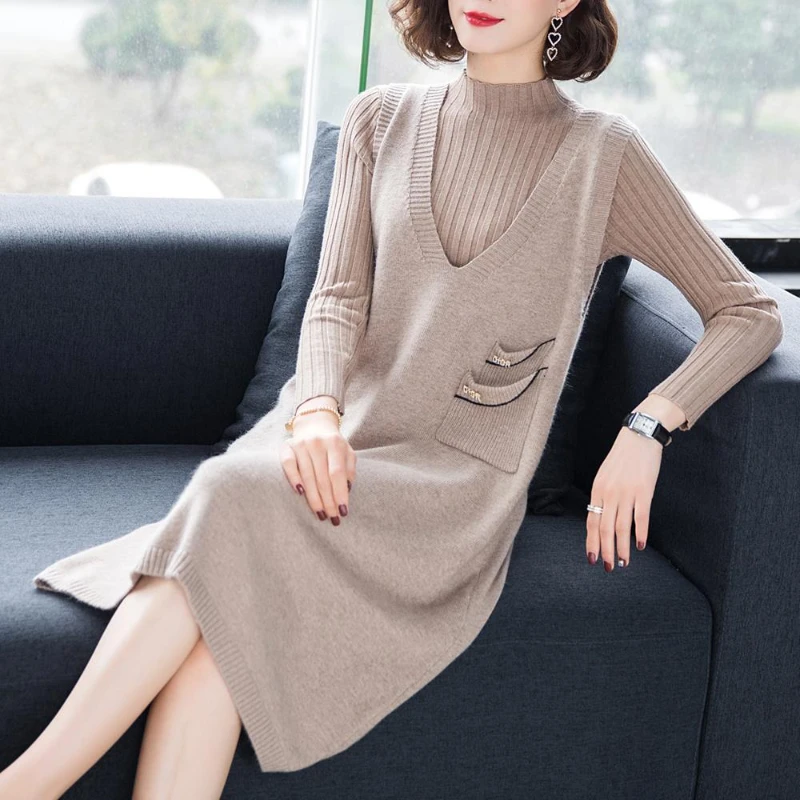 

Комплект из двух предметов большого размера, женская одежда, Женский вязаный свитер и платье, комплект из двух предметов, Женский однотонный костюм, G611