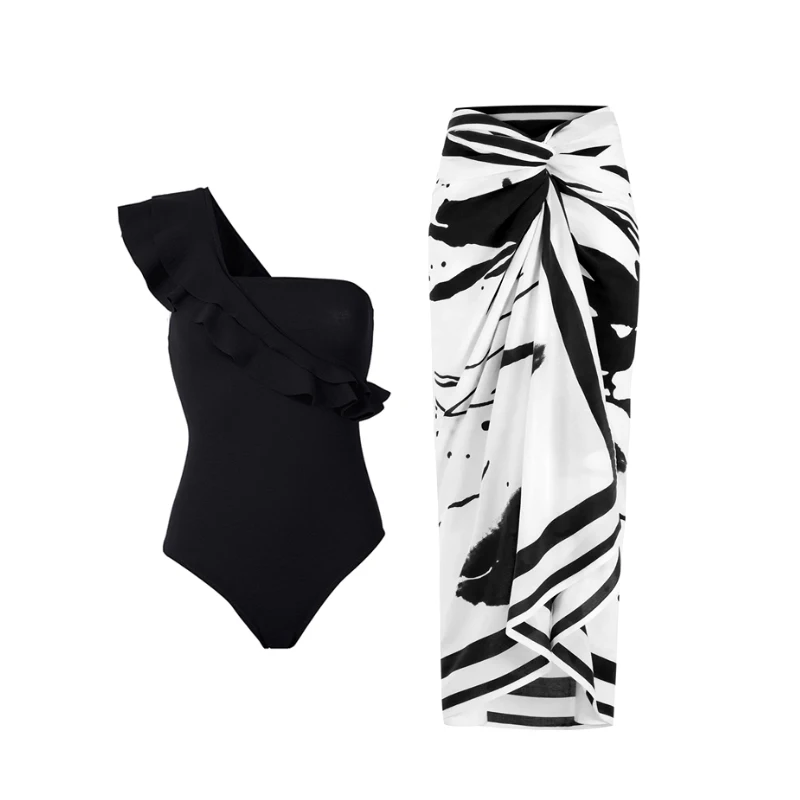 2023 Women Solid One Piece Swimsuit Black Print Skirt Lady Swimwear Sexy Ruched One-shoulder Push Up Bathing Suit Beachwear
