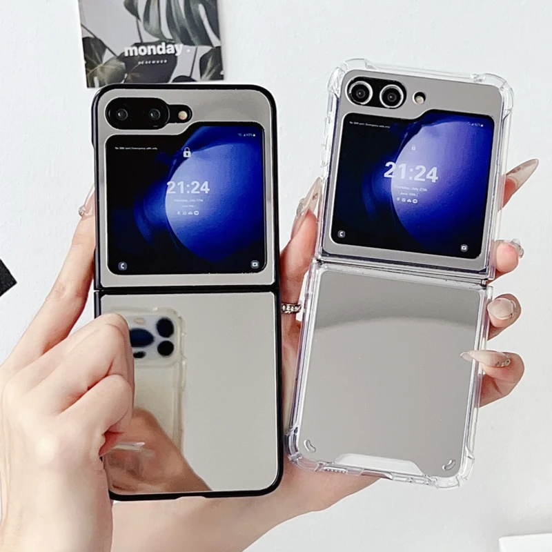 Chic Matte Black Folding Case with Makeup Mirror & Airbag Shockproof Protection