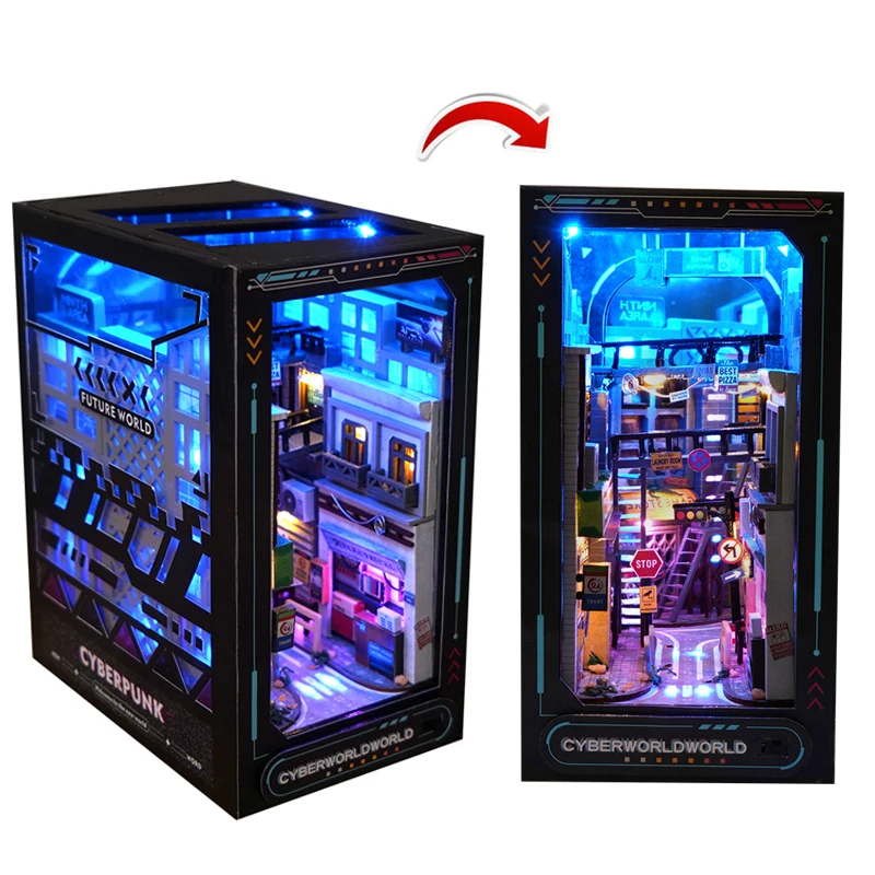 Cyberpunk World DIY Wooden Book Nook Shelf Insert - Miniature Building Kit and Unique Bookshelf Décor
