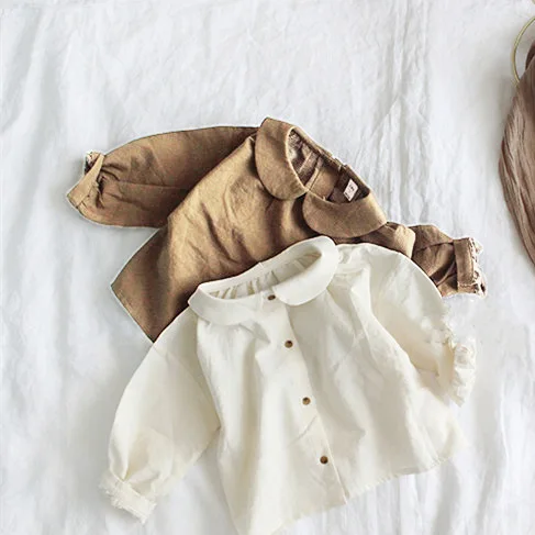 Korean Children's Wear Spring and Autumn Girls Cute Little Literary Style Wrinkled Doll Collar Tied Shirt