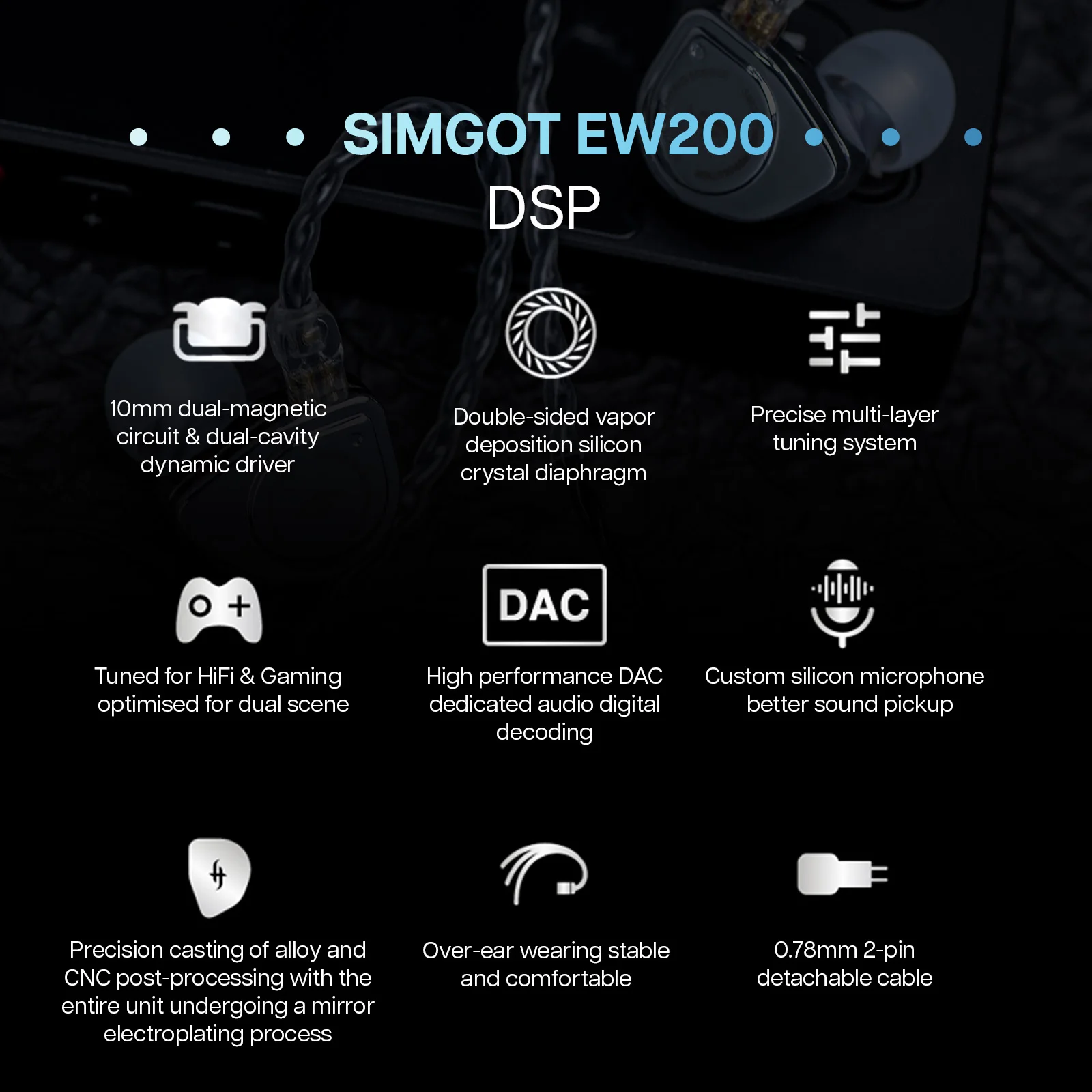 SIMGOT EW200 10mm SCP Diaphragm Dual-Magnetic-Circuit & Dual-Cavity Dynamic Driver IEM Hifi Earphones 6