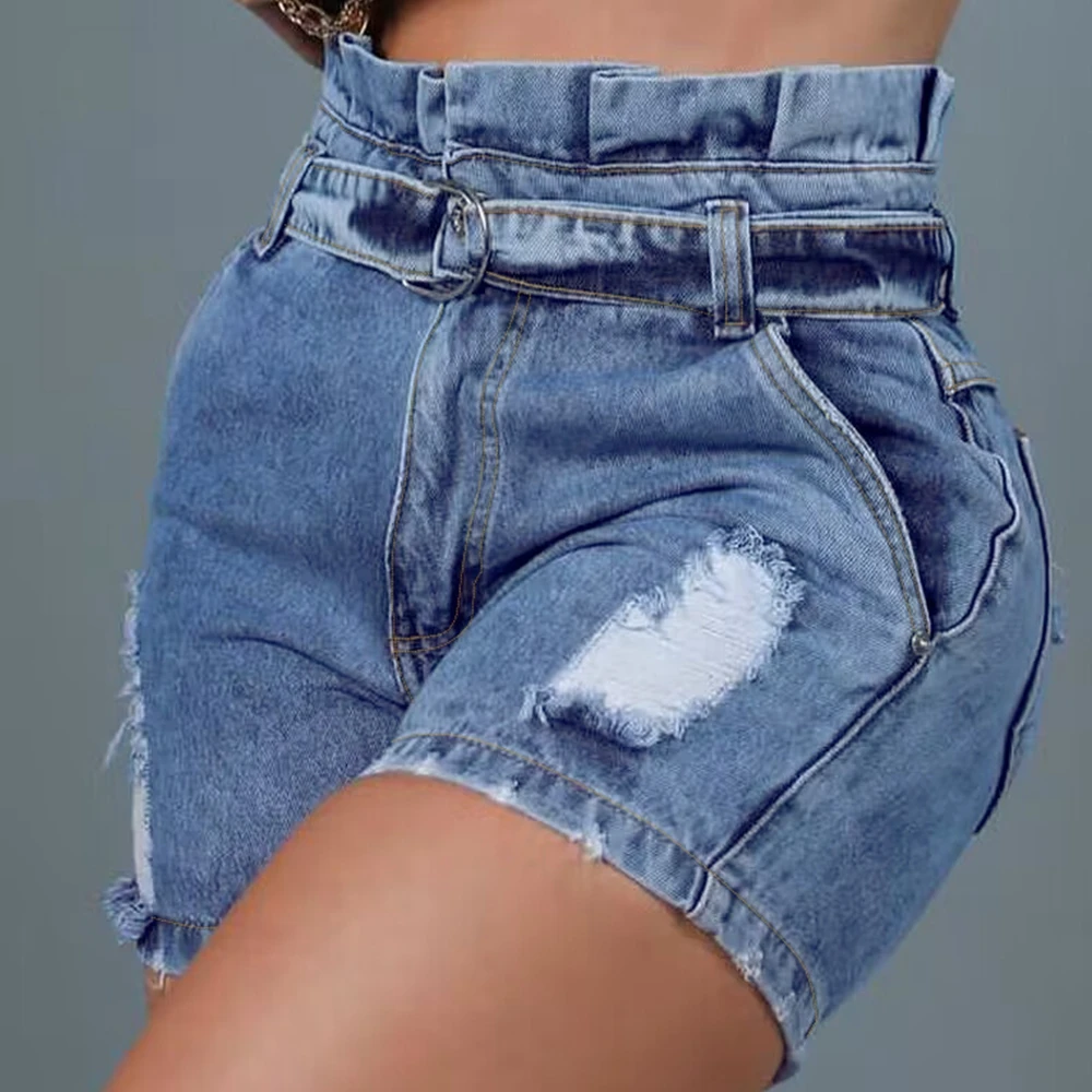 

Wepbel Short Jeans Stitching Lace-up Ripped Belted Ripped Tight Denim Shorts summer Paper Bag Waist Ruffled Denim Shorts