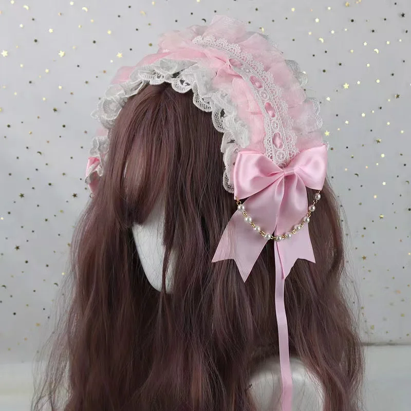 Ruffled Lace Headpiece Headband Weet Lolita Bowknot Maid Headdress Women Girls Japanese Style Crisscross Ribbon Pearls Beaded