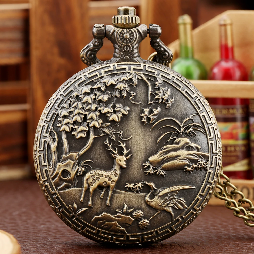

Bronze Exquisite Forest Elk Design Necklace Watch Men Women Arabic Numerals Quartz Pocket Watches Vintage Timepiece