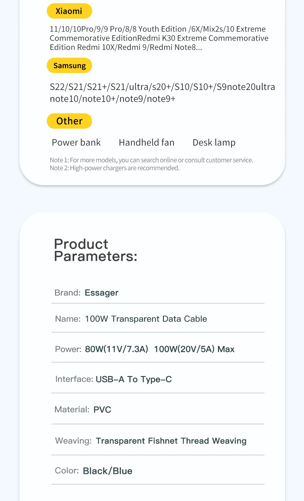 Essager 7A USB Type C Cable PD 100W Fast Charging Wire USB-C Charger Data Cord For Huawei P50 P40 OPPO K10 Honor Oneplus Poco F3