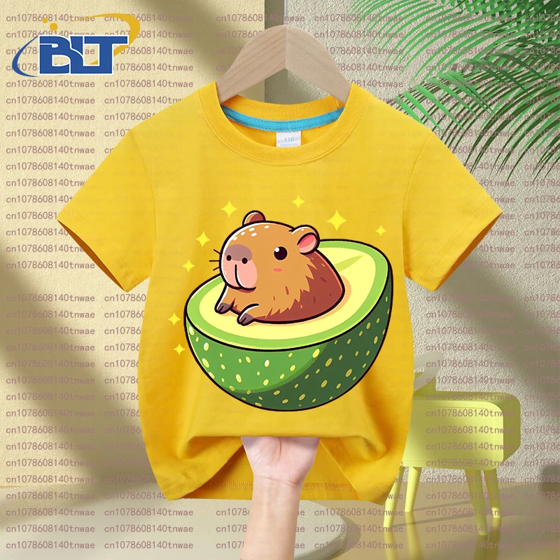 Cute Capybara Avocado print kids summer T-shirt set children's cotton short-sleeved shorts 2-piece set for boys and girls 3