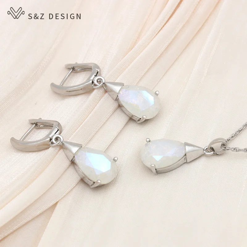 S&Z DESIGN New Elegant Water Drop Crystal Dangle Earrings Jewelry Sets For Women Personality Party Pendant Necklace