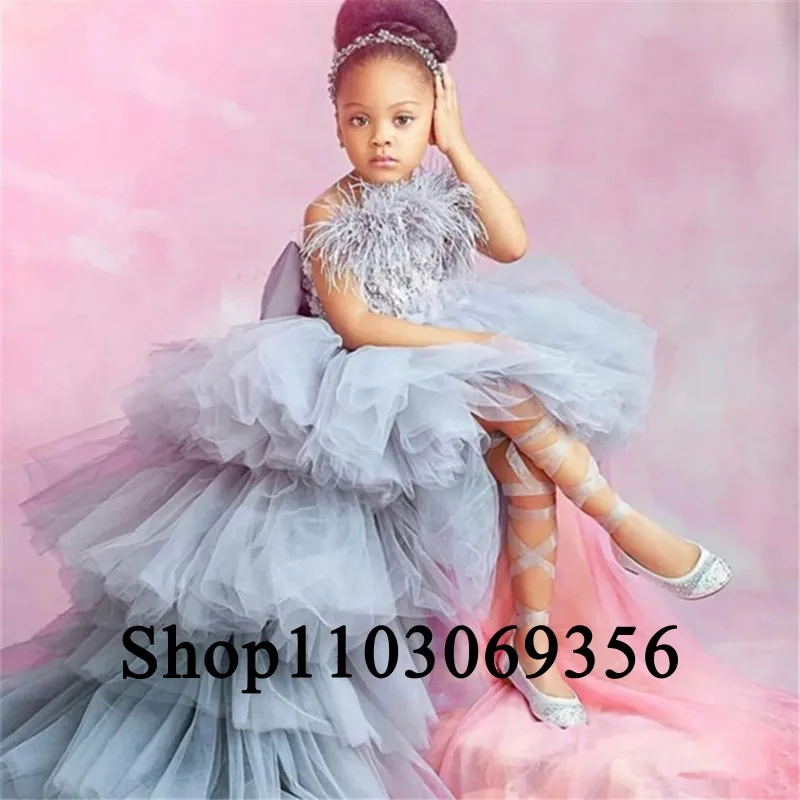 

Gray Flower Girl Dresses Feathers Bow Assymetrical Sleeveless Little Girl Kids Wedding Birthday Party Prom Holiday Dress