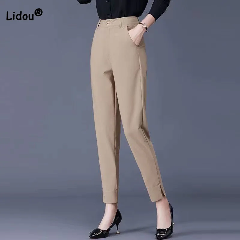Korean Solid Color Suit Nine Points Pants Spring Summer Office Lady Button Patchwork Pockets Slim Split Straight Trousers Female